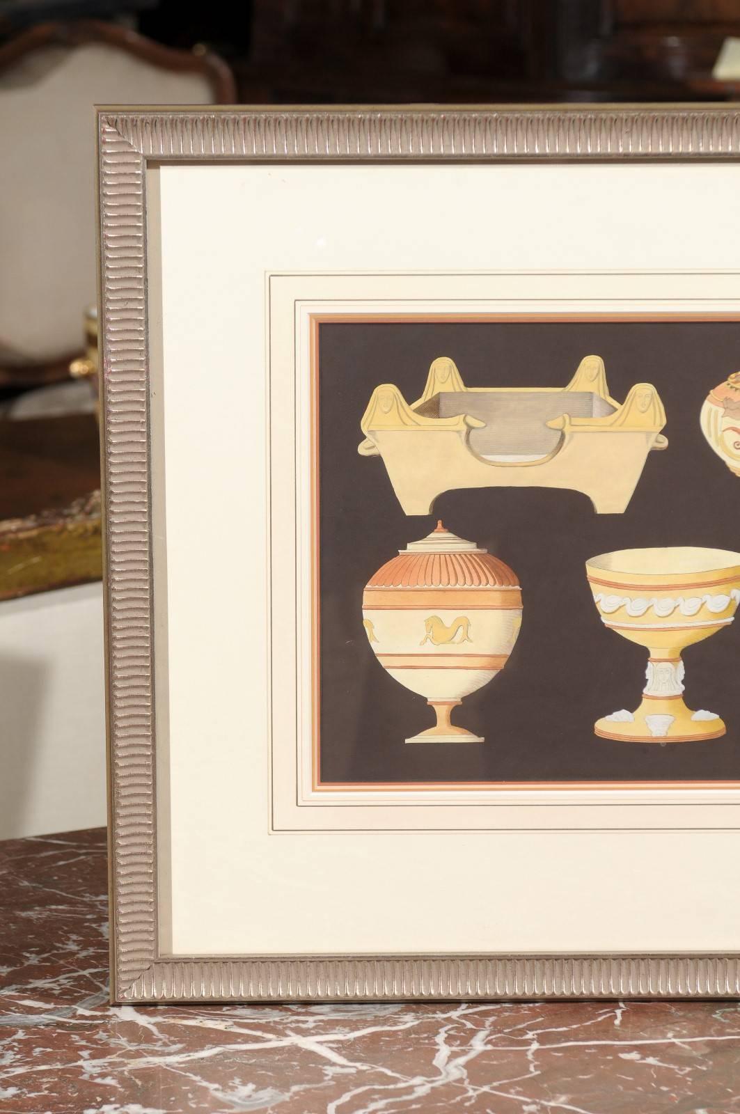 Pair of Framed 18th Century Continental Engravings of Grecian Pottery In Excellent Condition For Sale In Atlanta, GA