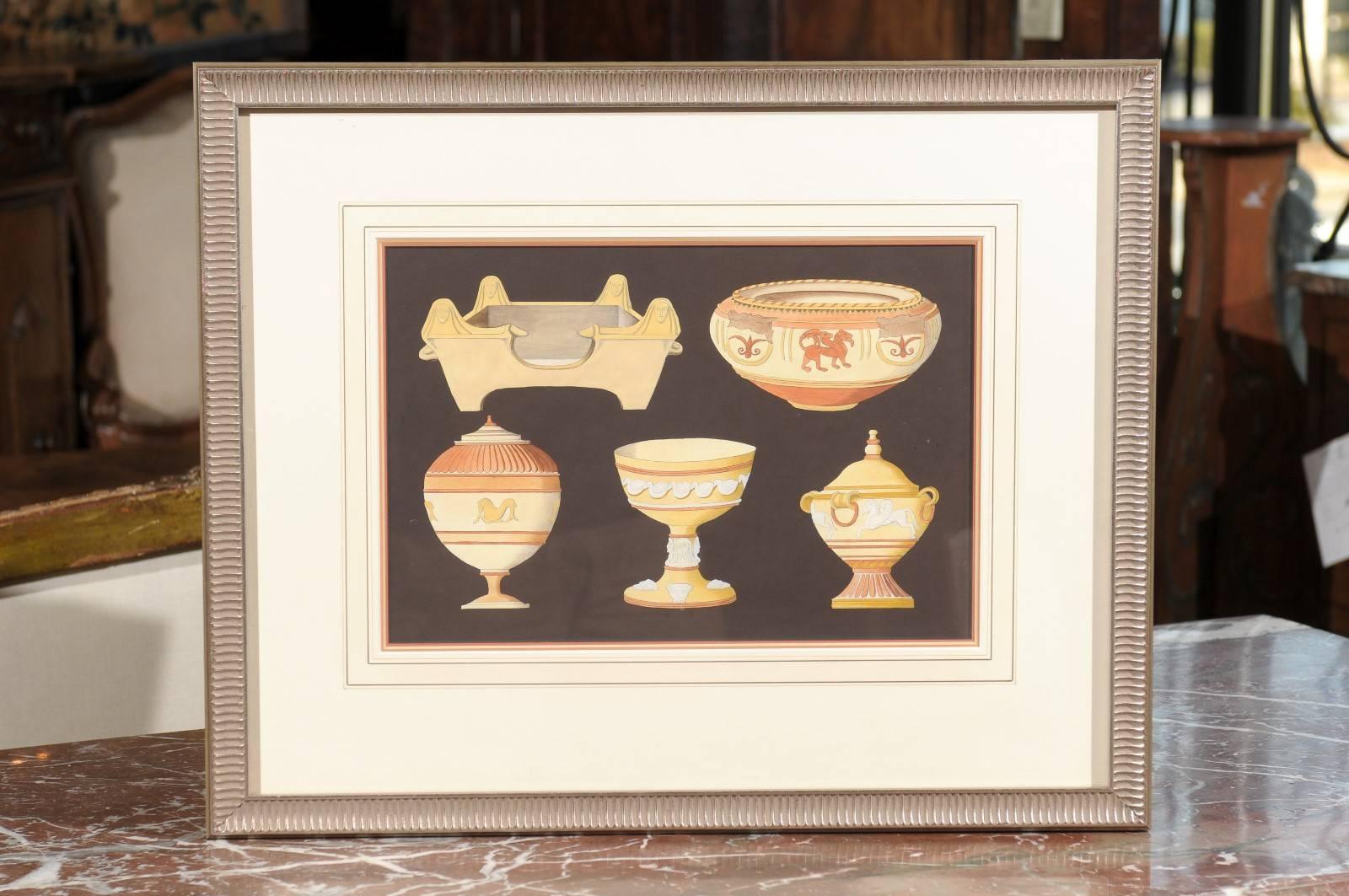 Pair of framed 18th century continental engravings of Grecian pottery vessels, later handcoloring.