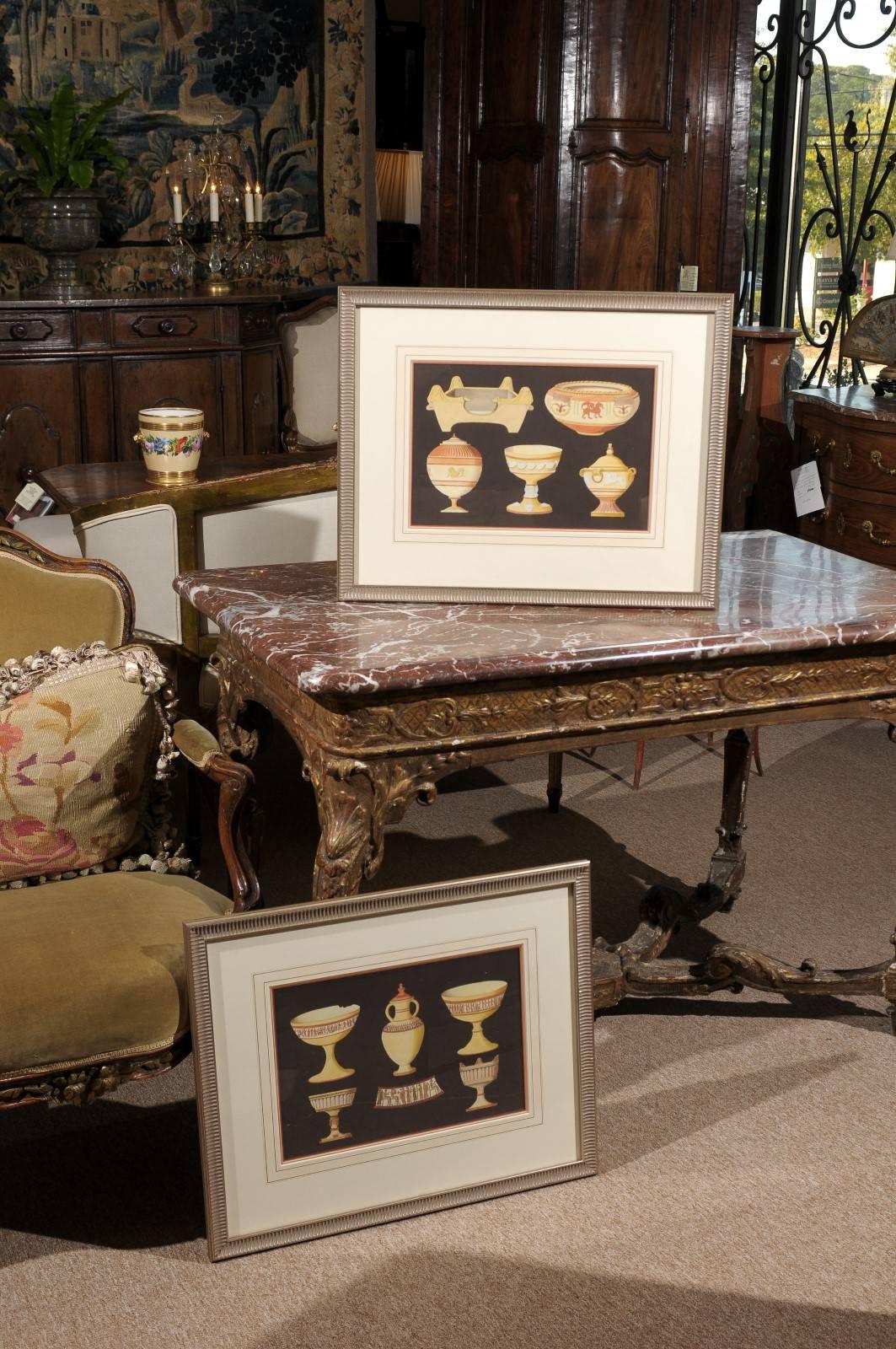 European Pair of Framed 18th Century Continental Engravings of Grecian Pottery For Sale
