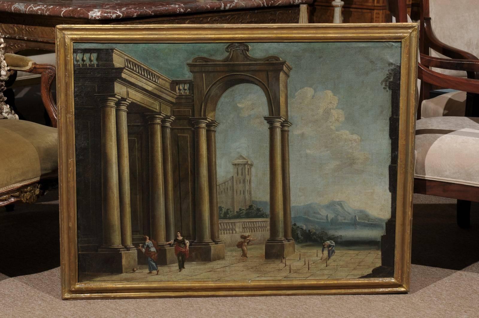 Late 18th-early 19th century Italian oil on canvas classical style paintings of Roman scenes (Capriccio). Frames are original to the paintings, but painted later. They are in excellent condition for their age with no tears or damage to the canvas.
