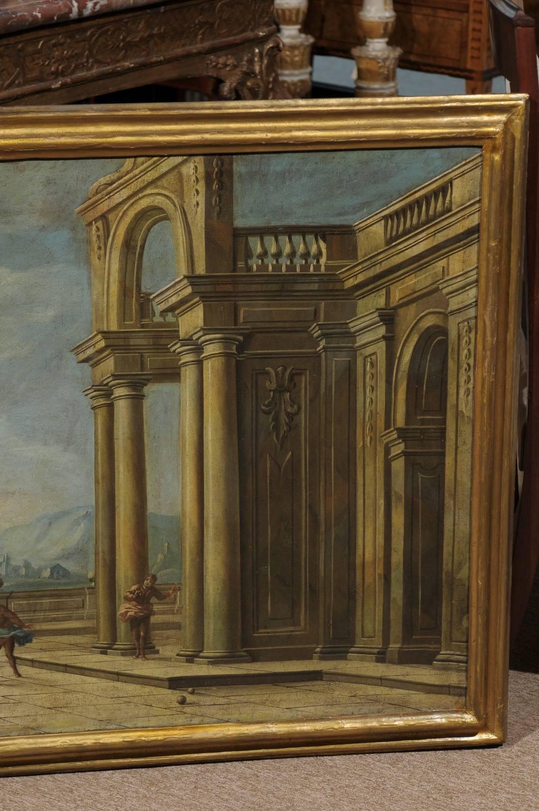 18th Century Pair of Gilt Framed Italian Oil on Canvas Capriccio Paintings, circa 1800