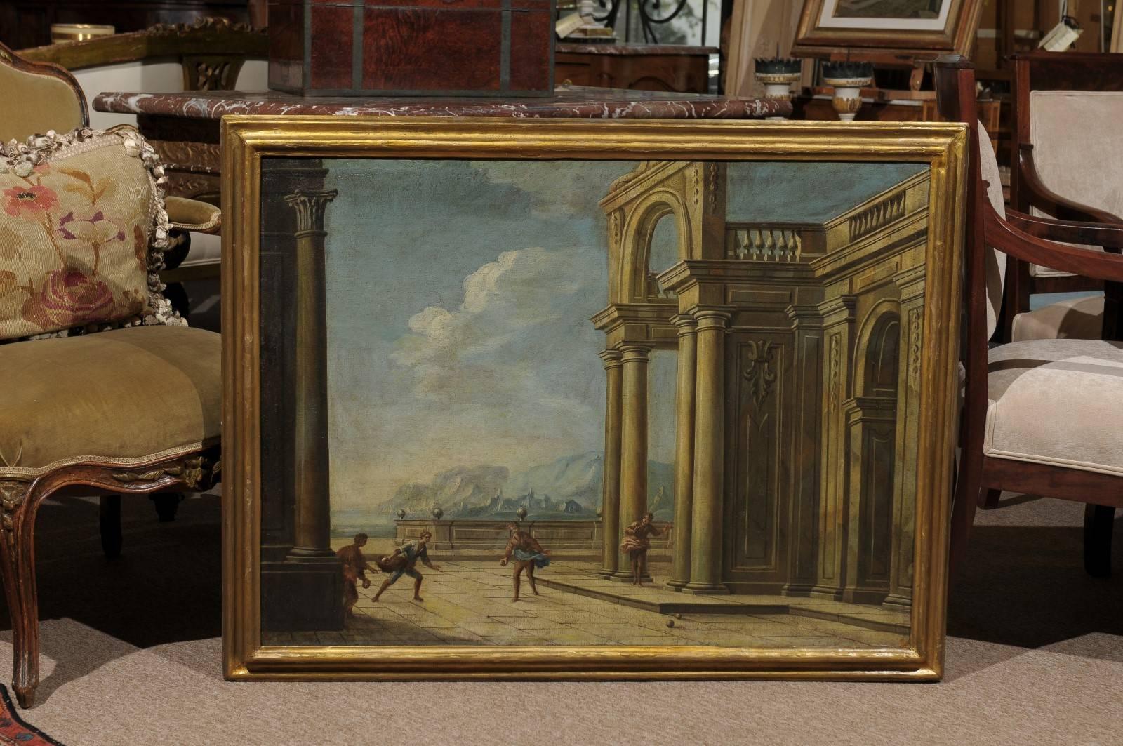 Pair of Gilt Framed Italian Oil on Canvas Capriccio Paintings, circa 1800 1