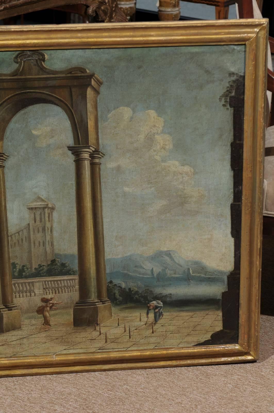 Pair of Gilt Framed Italian Oil on Canvas Capriccio Paintings, circa 1800 4