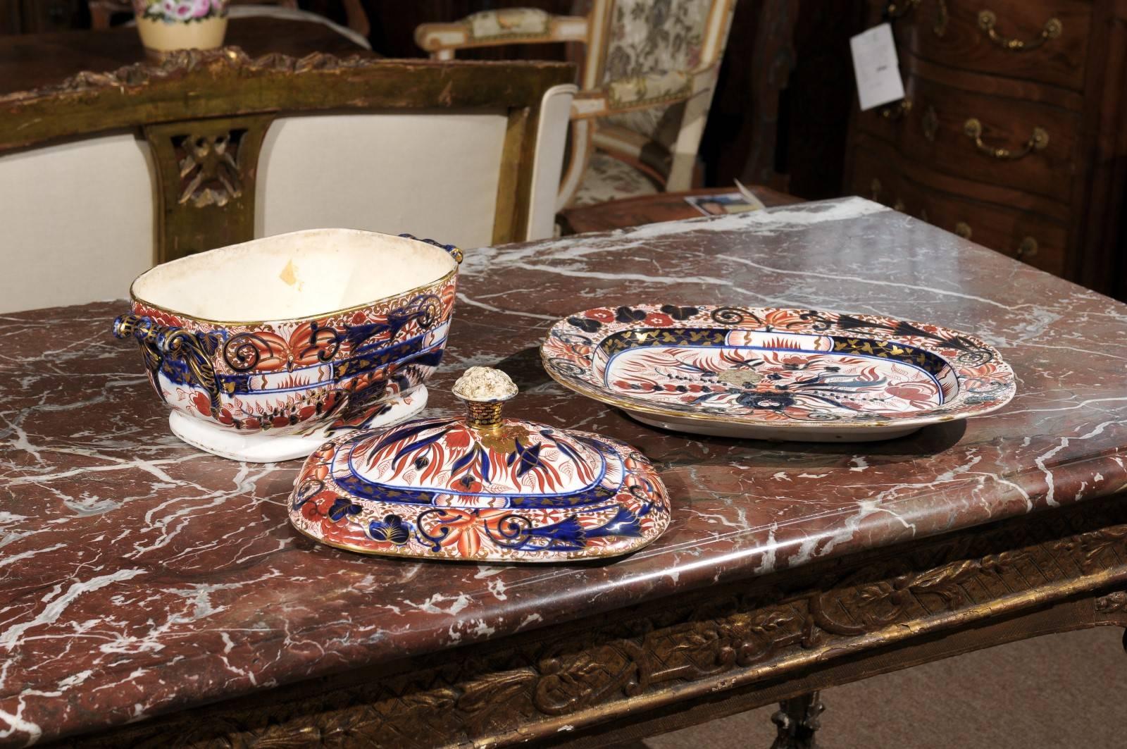 Porcelaine Soupière à légumes 3 pièces en palette Imari, 19e siècle, English Worcester, Ca. 1820 en vente