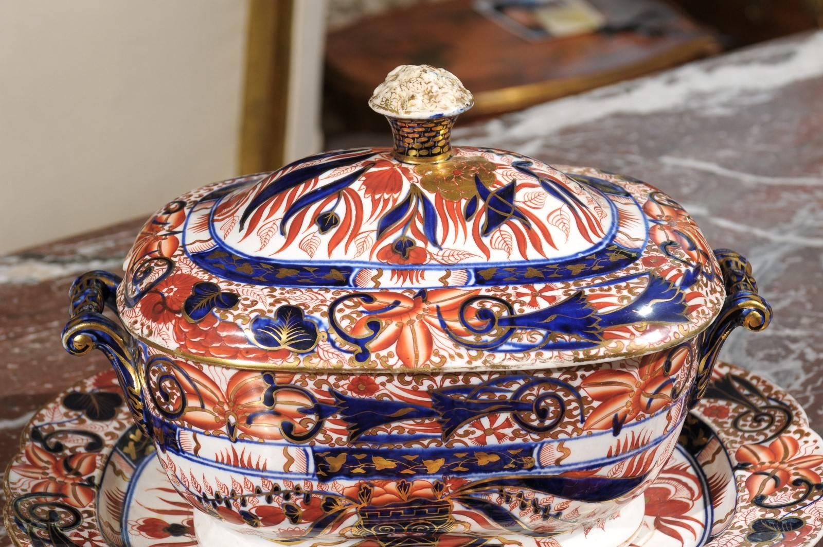 19th Cent English Worcester 3-Piece Vegetable Tureen in Imari Palette, Ca. 1820 For Sale 2
