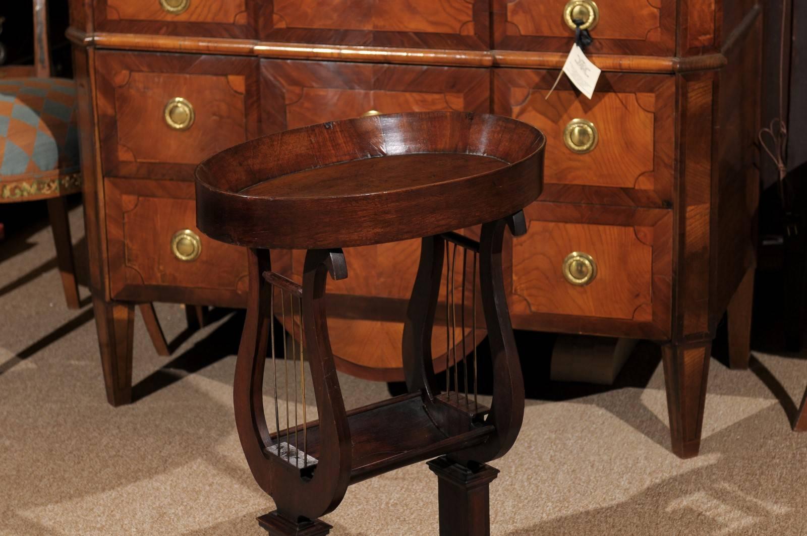 Oval French Mahogany Empire Style Side Table with Lyre Base and Dish Top 3