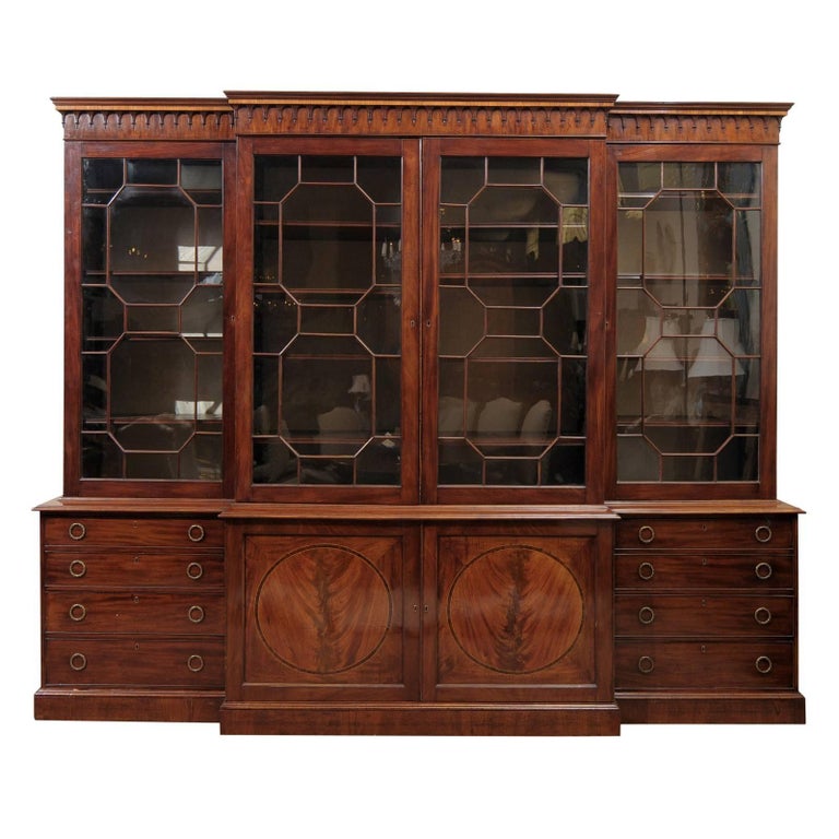 18th Century English George III Mahogany Breakfront Bookcase For Sale
