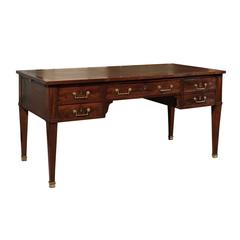 French Directoire Walnut Writing Desk with Brown Leather Top and Tapered Legs