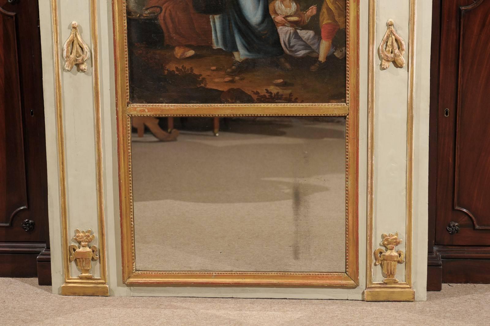 French Louis XVI Period Trumeau Mirror with Pastoral Oil on Canvas, France, circa 1780 For Sale