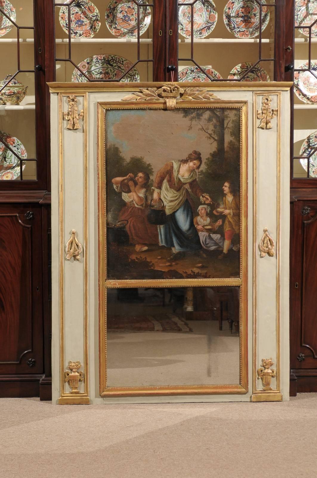 Specchio Trumeau di epoca Luigi XVI con cornice dipinta di crema e dipinto ad olio su tela di tipo pastorale, 1780 circa.