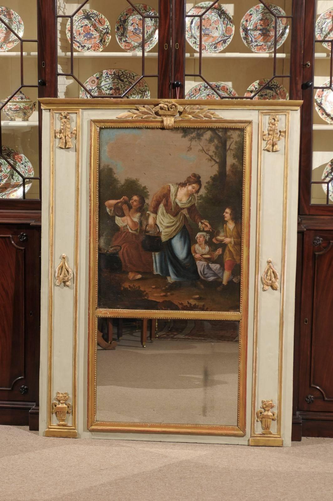 Français Miroir Trumeau d'époque Louis XVI avec huile pastorale sur toile, France, vers 1780 en vente