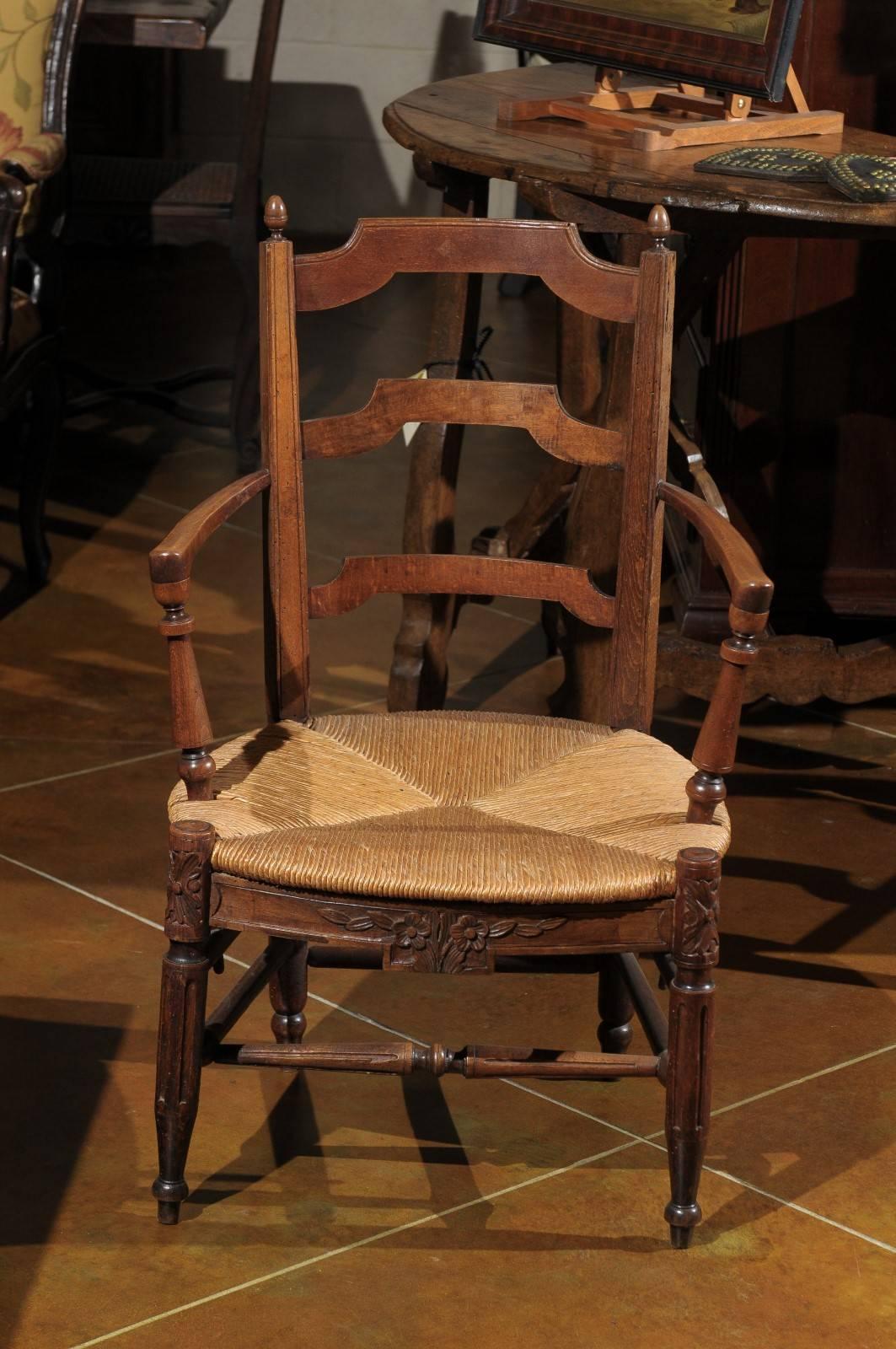 French Walnut Ladderback Armchair with Rush Seat, France, circa 1865 For Sale
