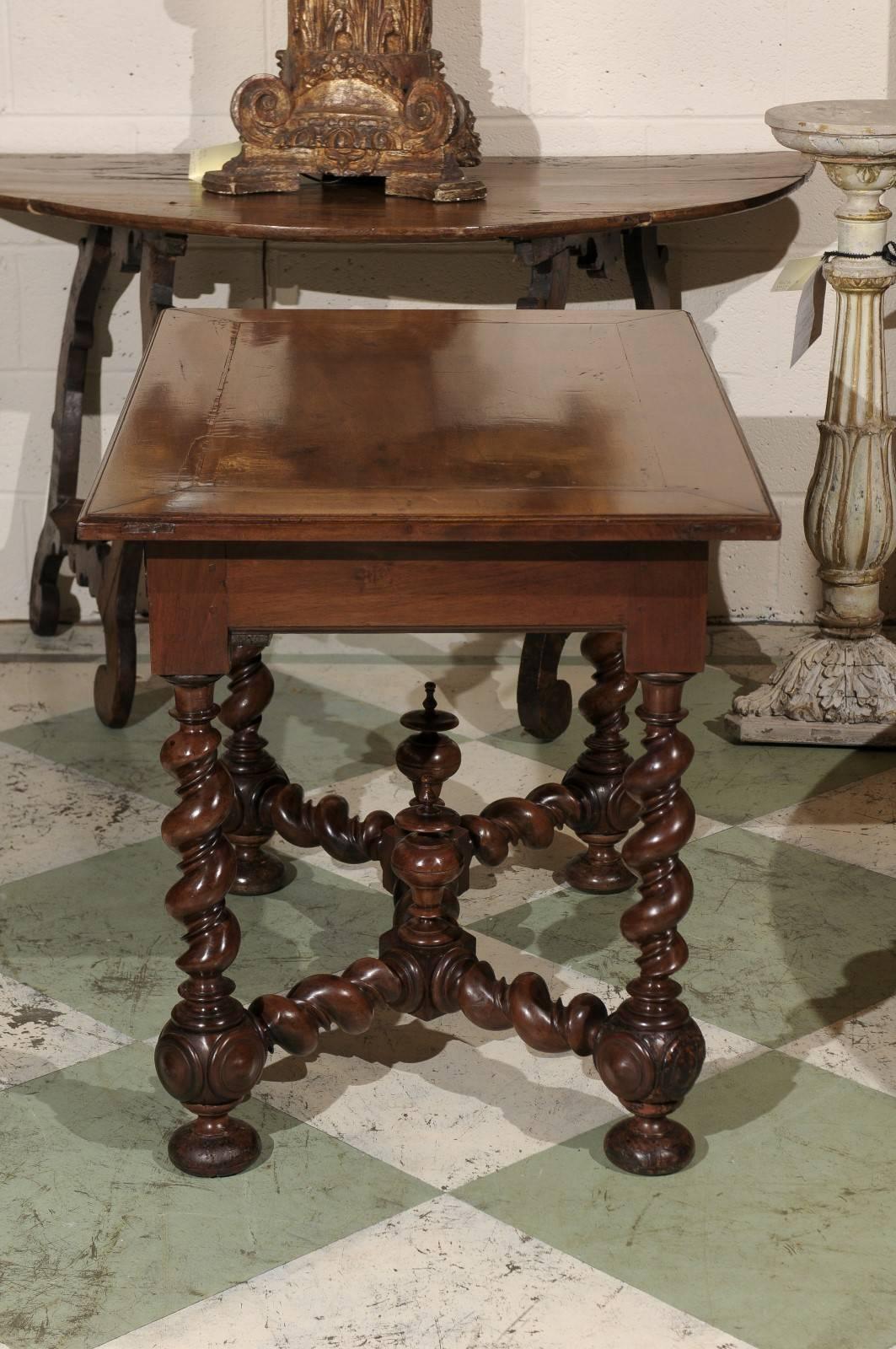 18th Century and Earlier 18th Century French Walnut Table with Drawer and Barley Twist Legs