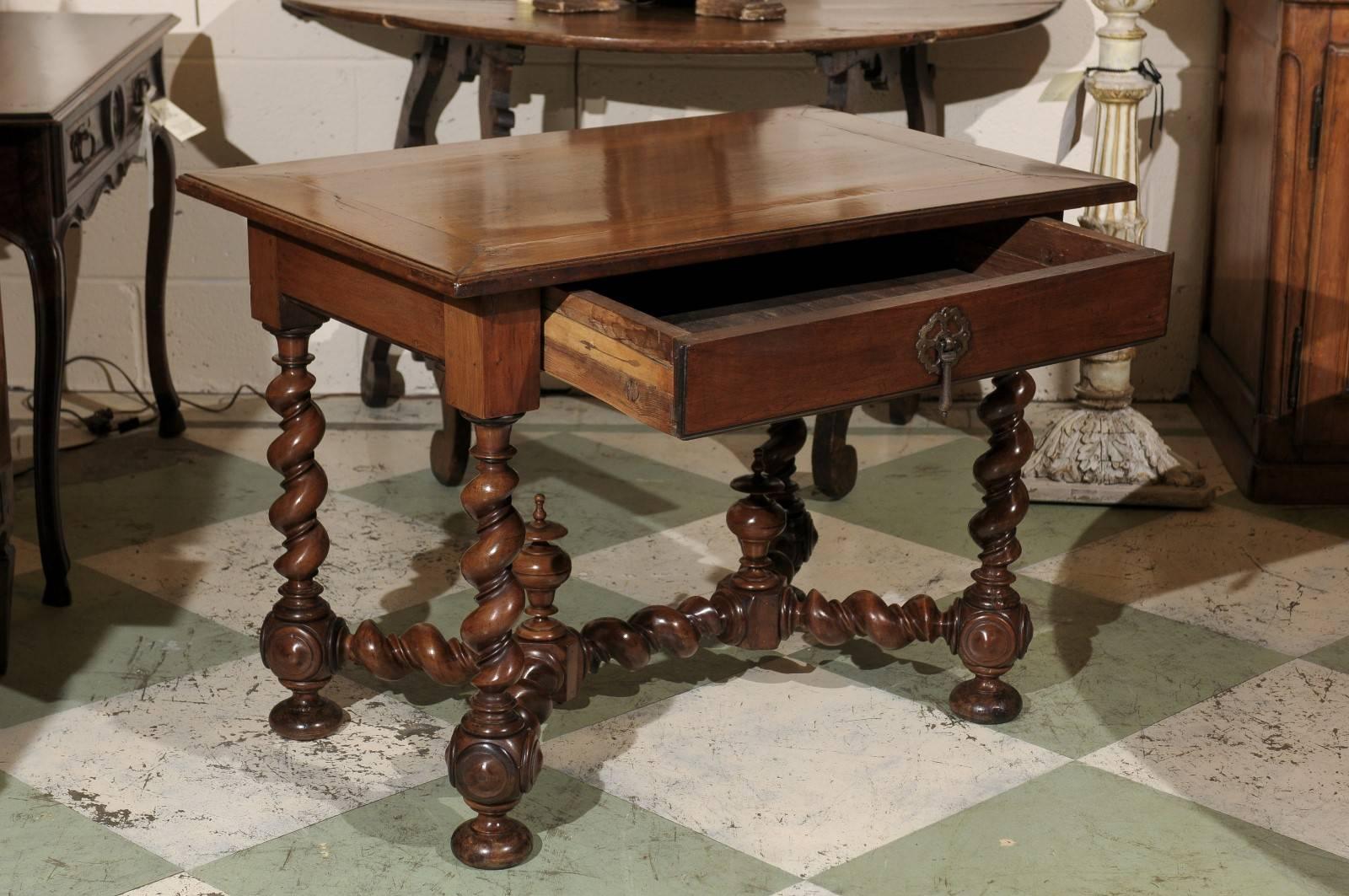 18th Century French Walnut Table with Drawer and Barley Twist Legs 3