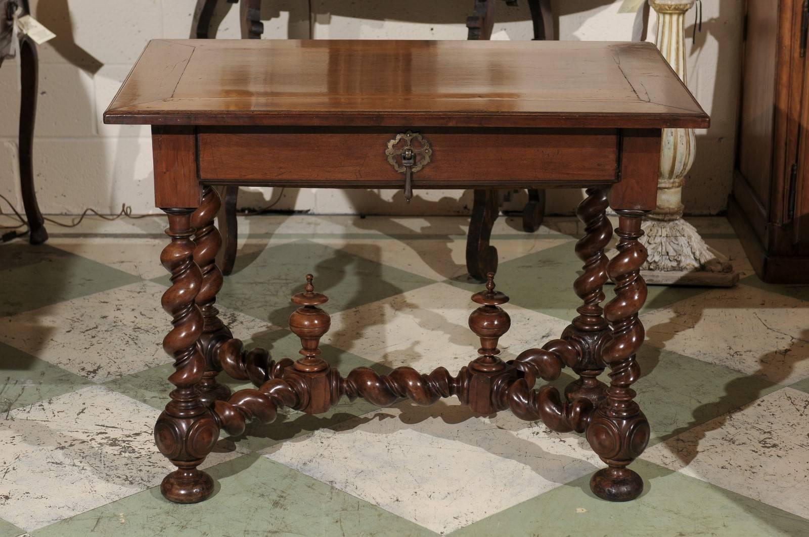 18th Century French Walnut Table with Drawer and Barley Twist Legs 2