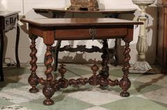 18th Century French Walnut Table with Drawer and Barley Twist Legs
