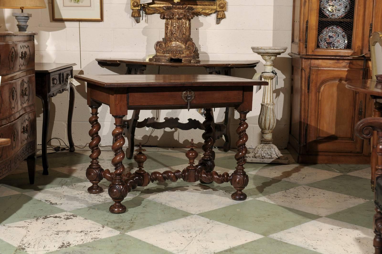 18th Century French Walnut Table with Drawer and Barley Twist Legs In Excellent Condition In Atlanta, GA