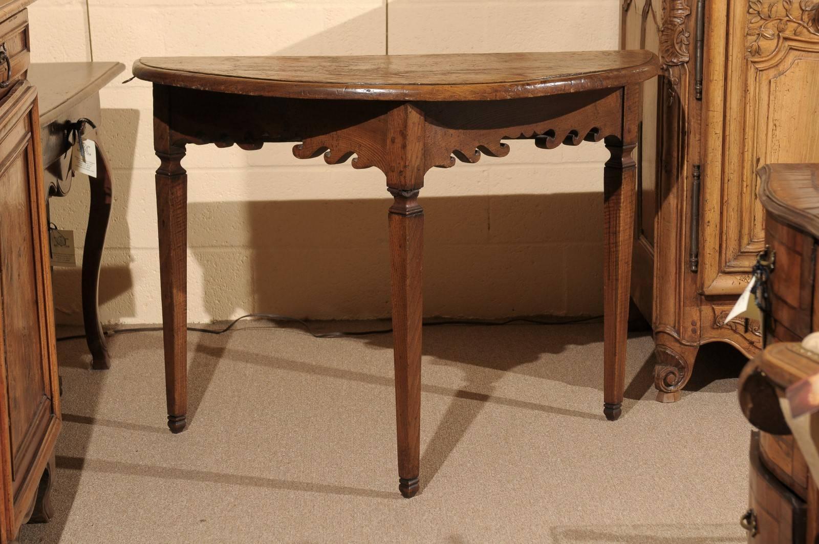 Pair of 19th Century Italian Oak Demilunes with Carved Apron & Tapered Legs 6