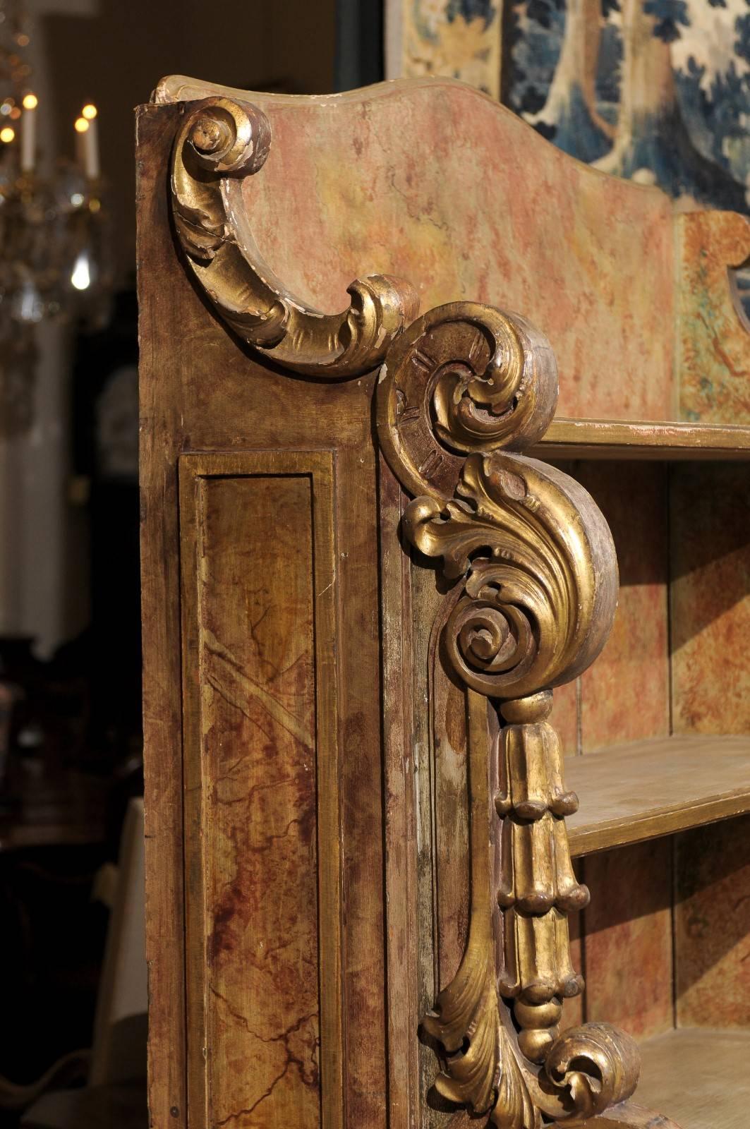 Hand-Carved Rococo Style Giltwood and Polychrome Painted Open Bookcase, Spain 20th Century