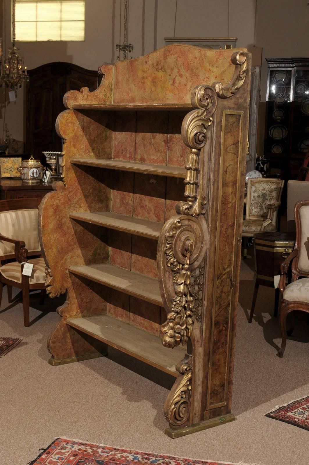 Rococo Style Giltwood and Polychrome Painted Open Bookcase, Spain 20th Century 4