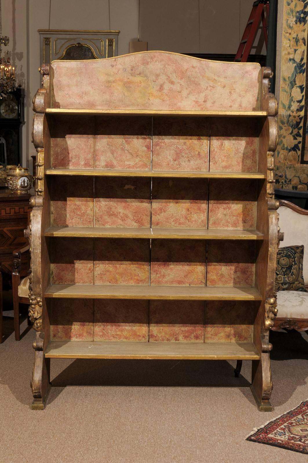 Rococo Style Giltwood and Polychrome Painted Open Bookcase, Spain 20th Century 5