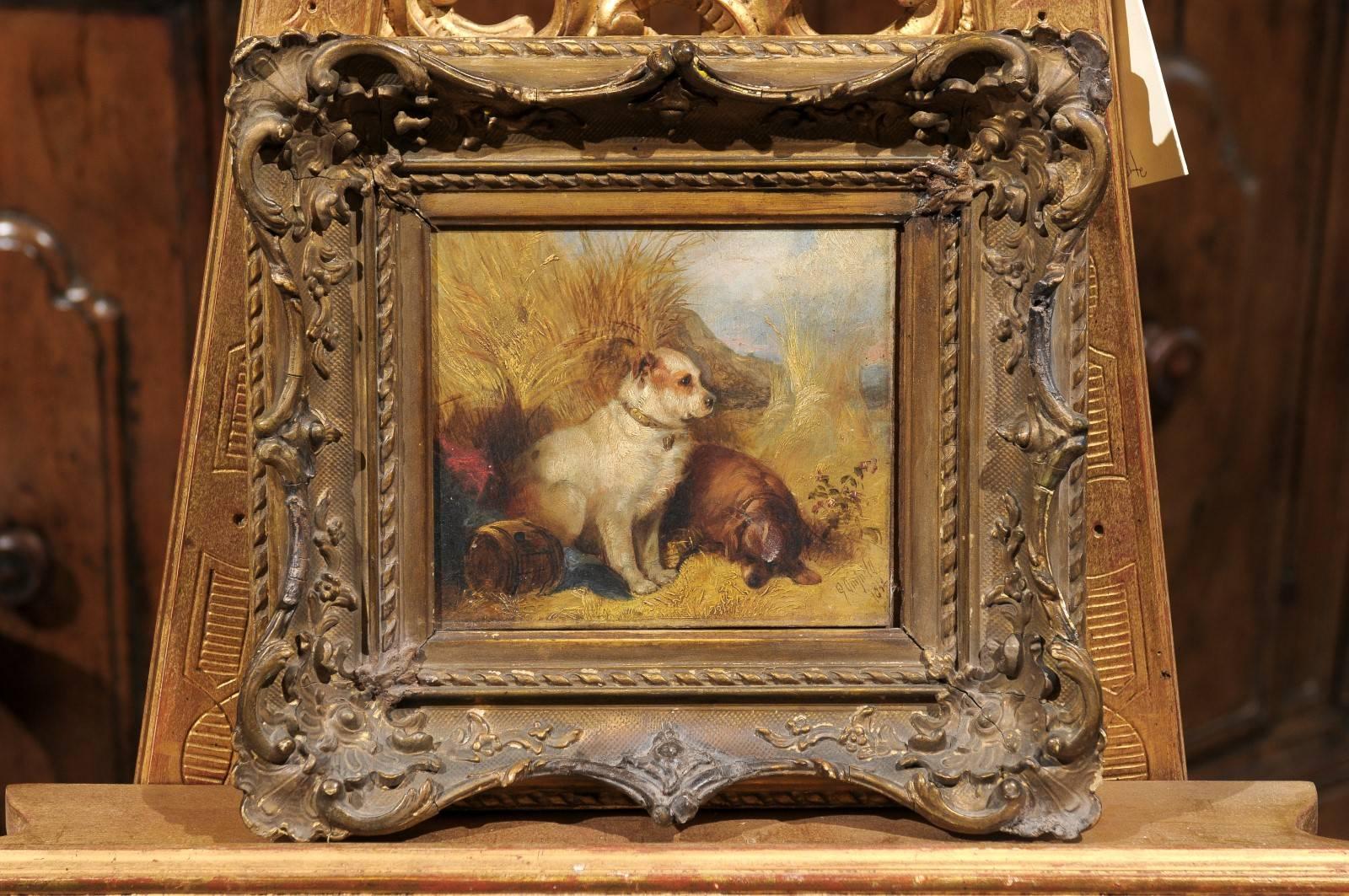 19th Century Oil on Canvas Painting of Dogs, signed by artist “George Armfield”, and dated 1842 (never been out of original frame)