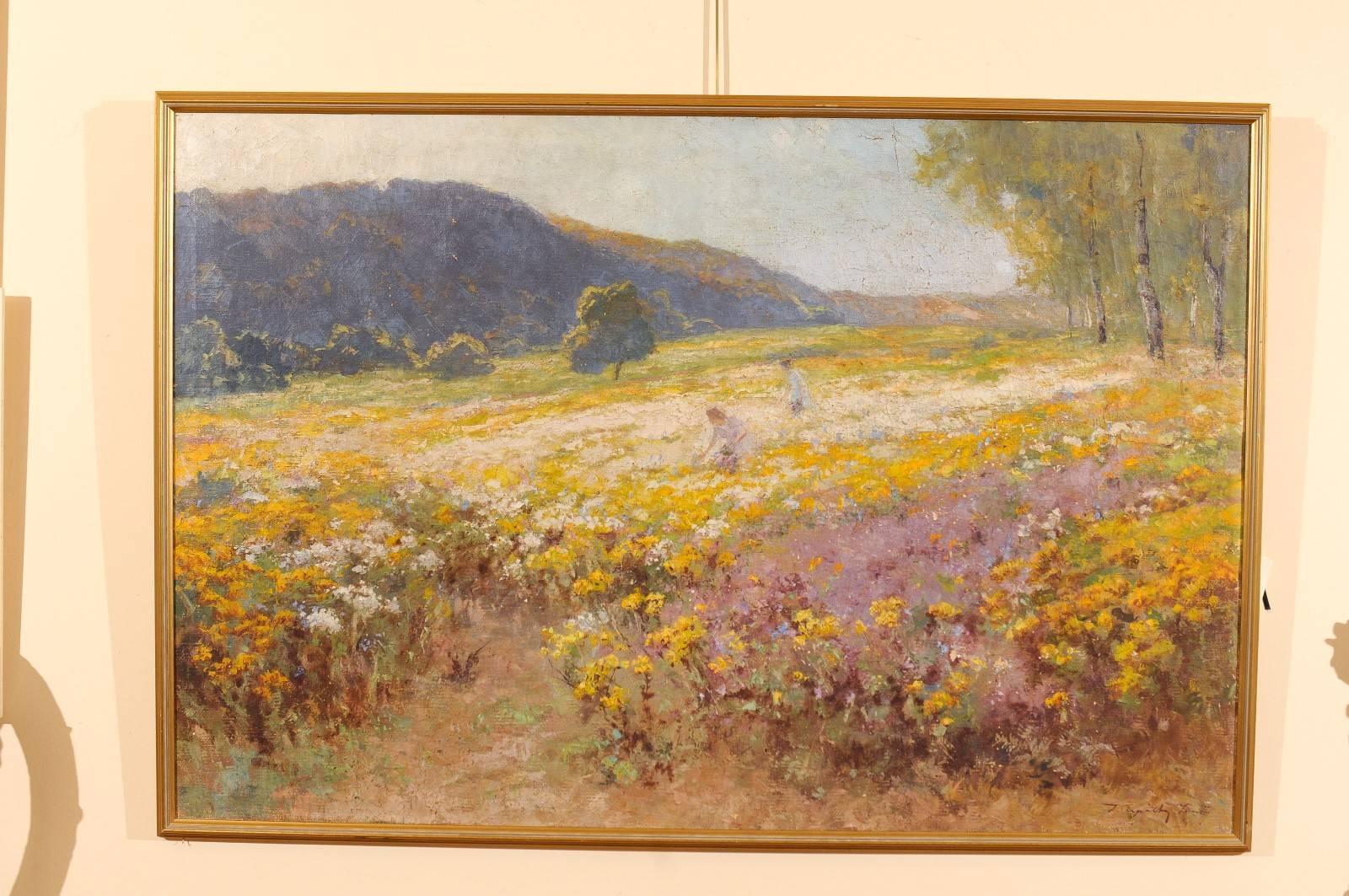 Large Impressionist style oil on canvas landscape painting depicting women picking flowers in field. Flowers in hues of violet, lavender, goldenrod and white. Signed lower right, not legible. Gilt frame later.