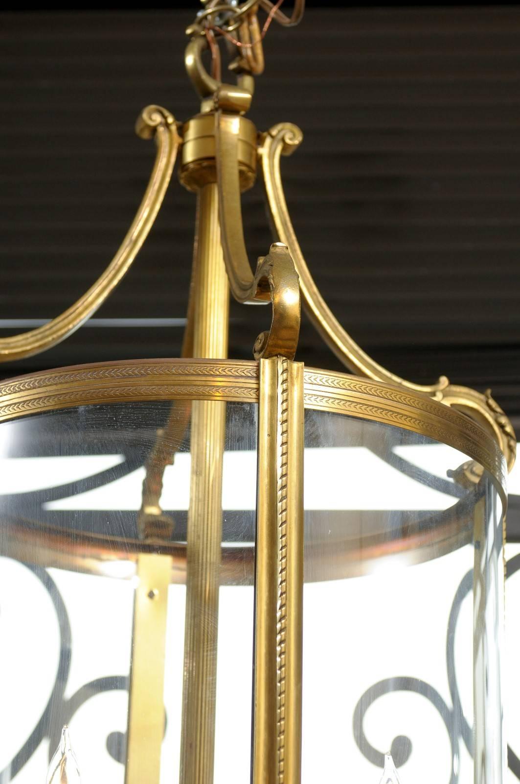 Round Brass Louis XVI Style Lantern, France, Mid-20th Century In Excellent Condition In Atlanta, GA