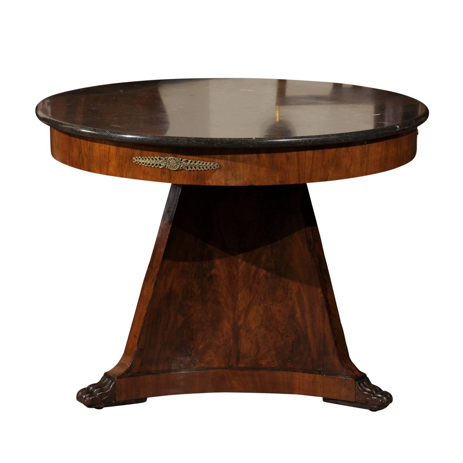 19th Century French Empire Center Table with Grey Marble Top and Paw Feet