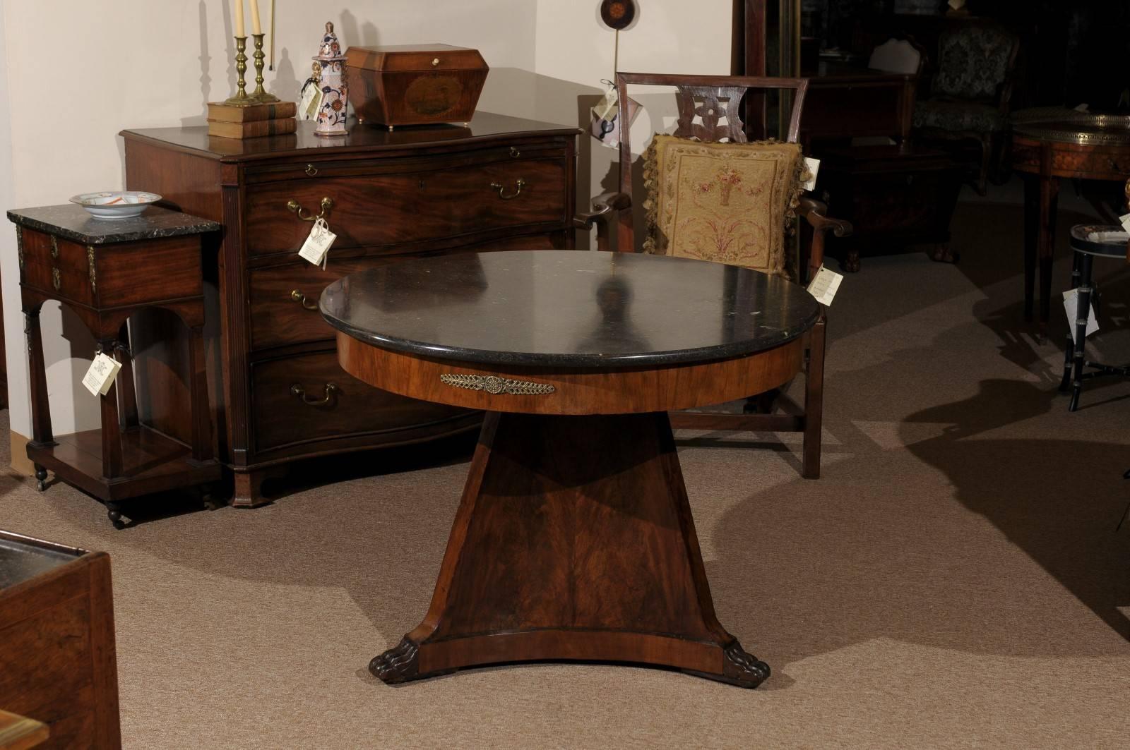 19th Century French Empire Center Table with Grey Marble Top and Paw Feet In Good Condition In Atlanta, GA