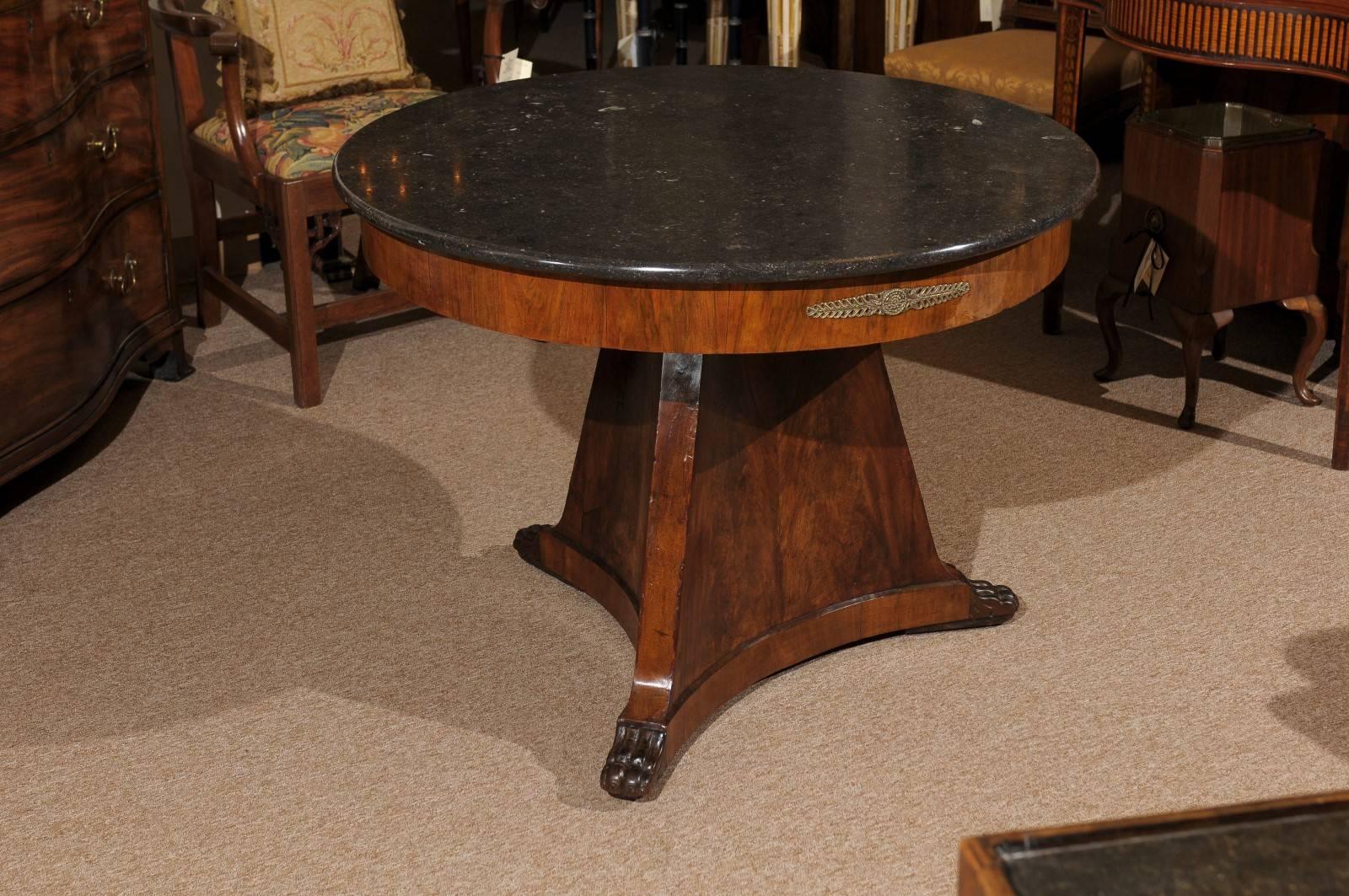 19th Century French Empire Center Table with Grey Marble Top and Paw Feet 2