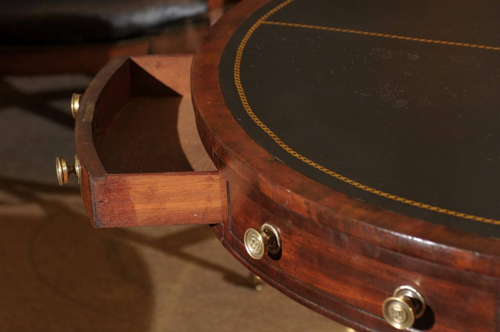 Embossed 19th Century English Mahogany Drum Table with Leather Top and Pedestal Base
