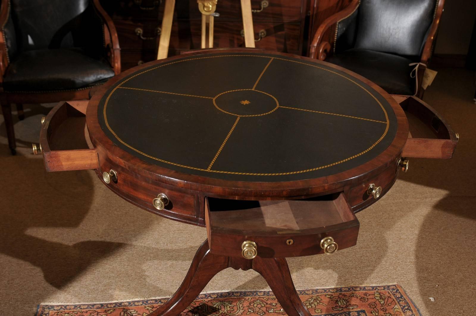 19th Century English Mahogany Drum Table with Leather Top and Pedestal Base In Excellent Condition In Atlanta, GA
