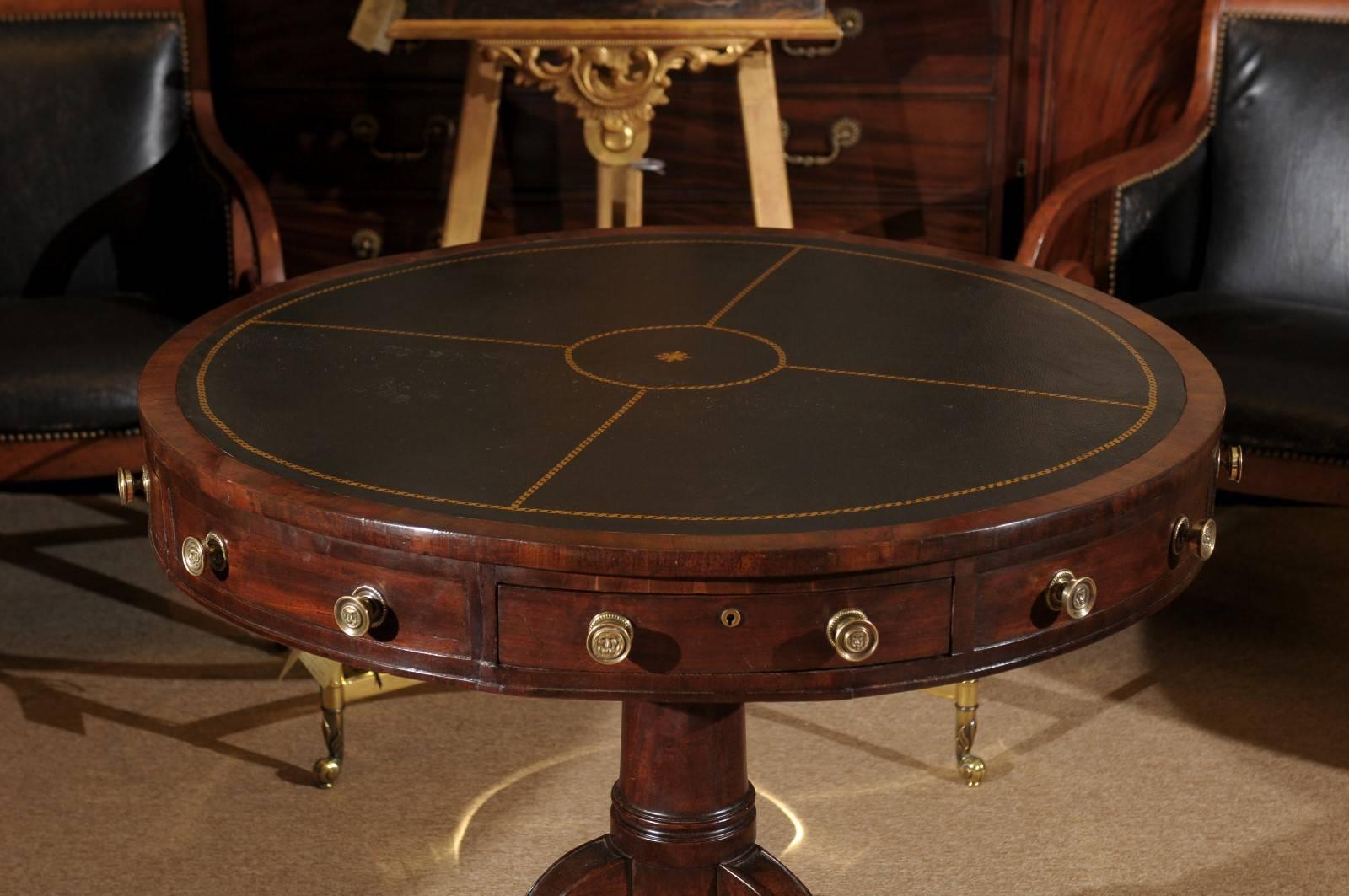 19th Century English Mahogany Drum Table with Leather Top and Pedestal Base 2