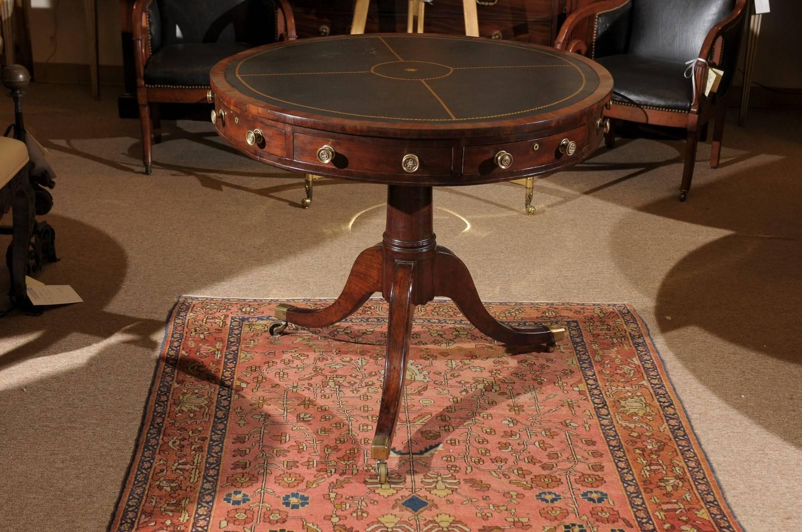 19th Century English Mahogany Drum Table with Leather Top and Pedestal Base 3