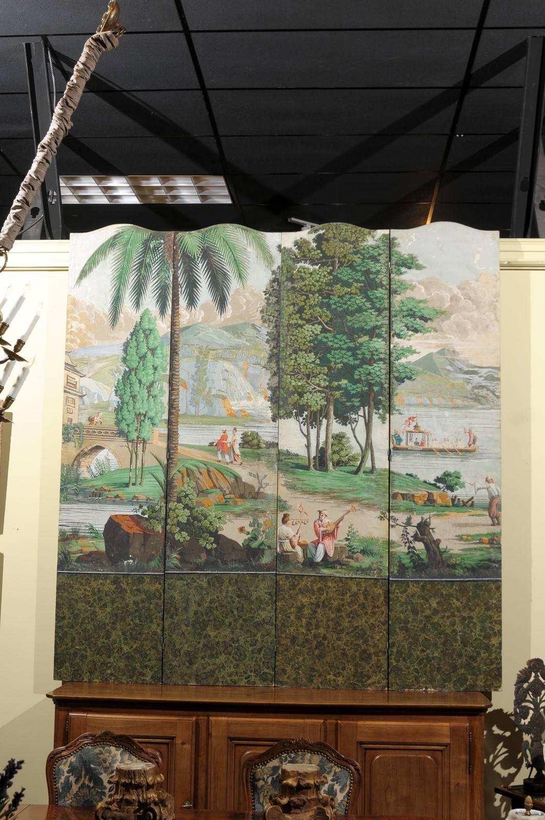 Zuber style four-panel folding screen with hand-painted panoramic landscape scene, France, early 20th century.