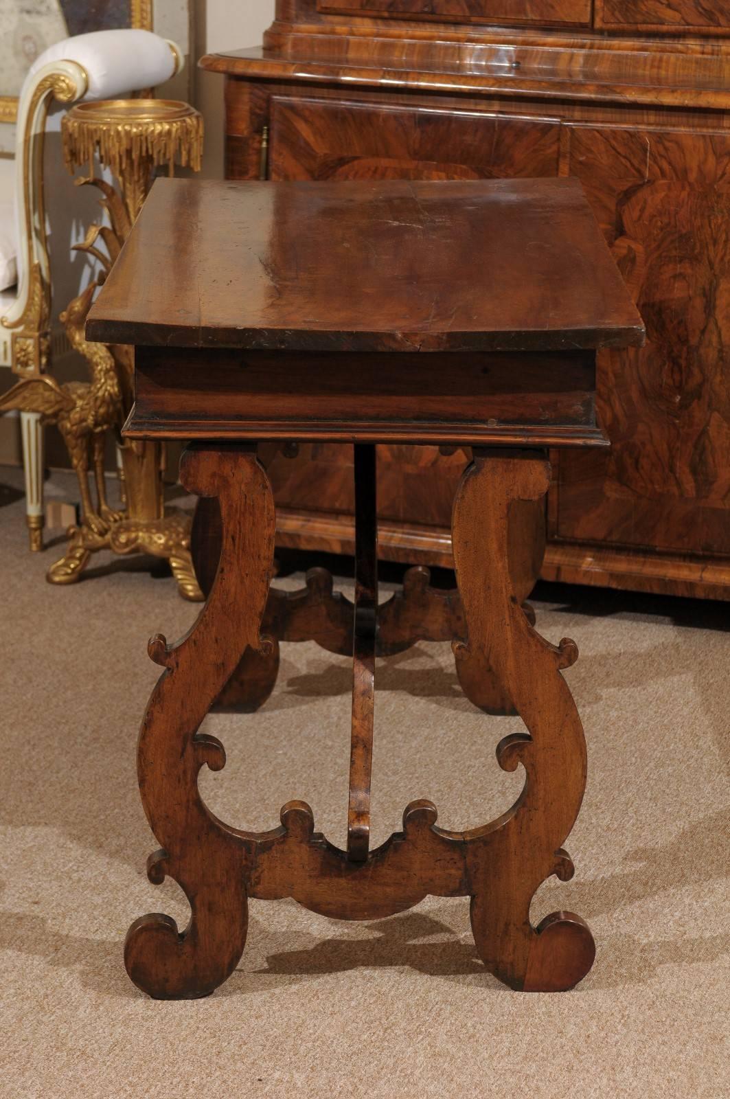 18th Century and Earlier 18th Century Italian Walnut Lyre Leg Console Table For Sale