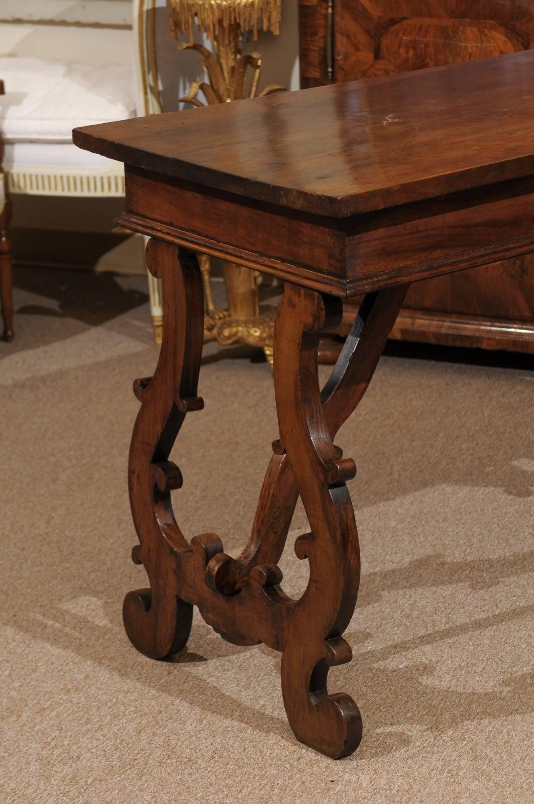 18th Century Italian Walnut Lyre Leg Console Table For Sale 1