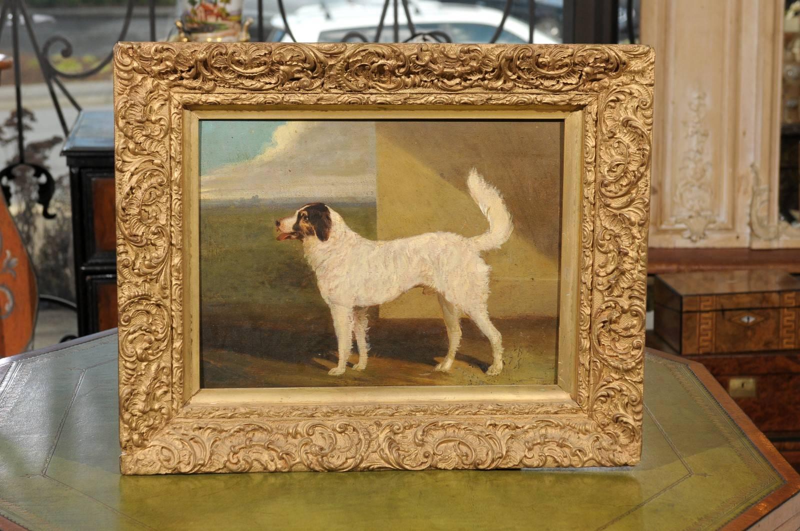 19th century giltwood framed oil on canvas dog painting.
    