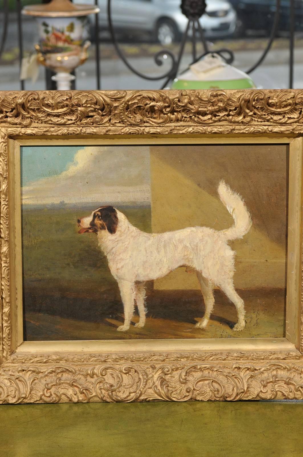 19th Century Giltwood Framed Oil on Canvas Dog Painting In Good Condition In Atlanta, GA