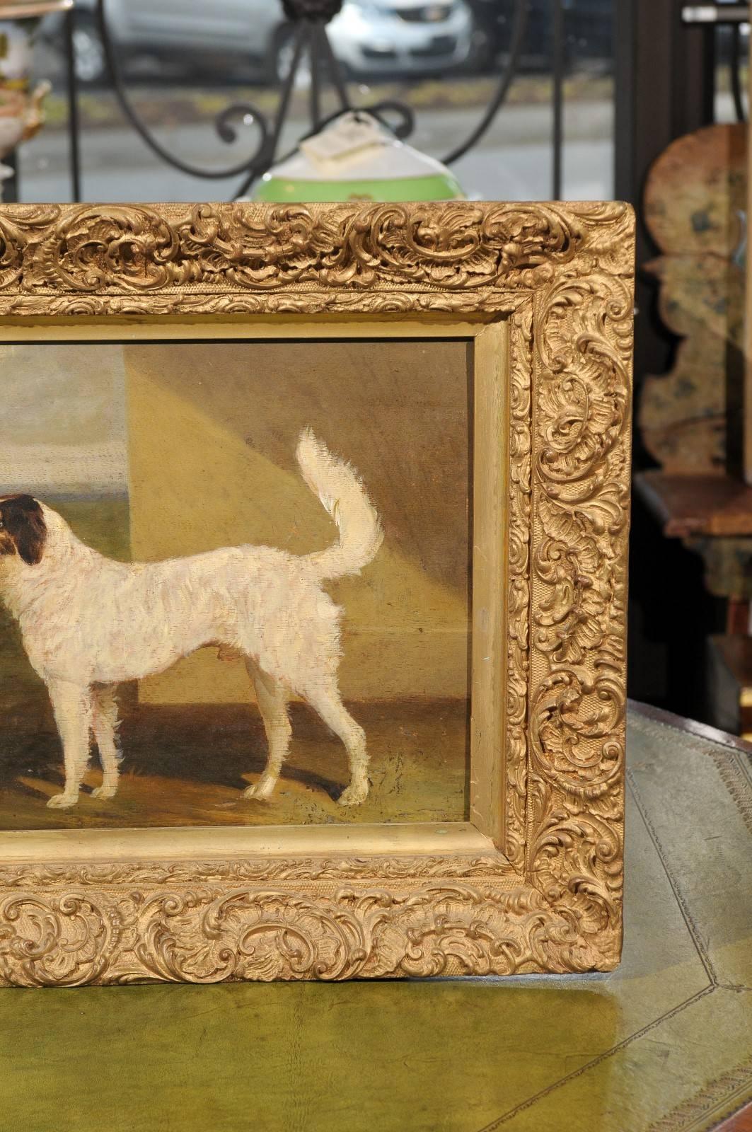 19th Century Giltwood Framed Oil on Canvas Dog Painting 1