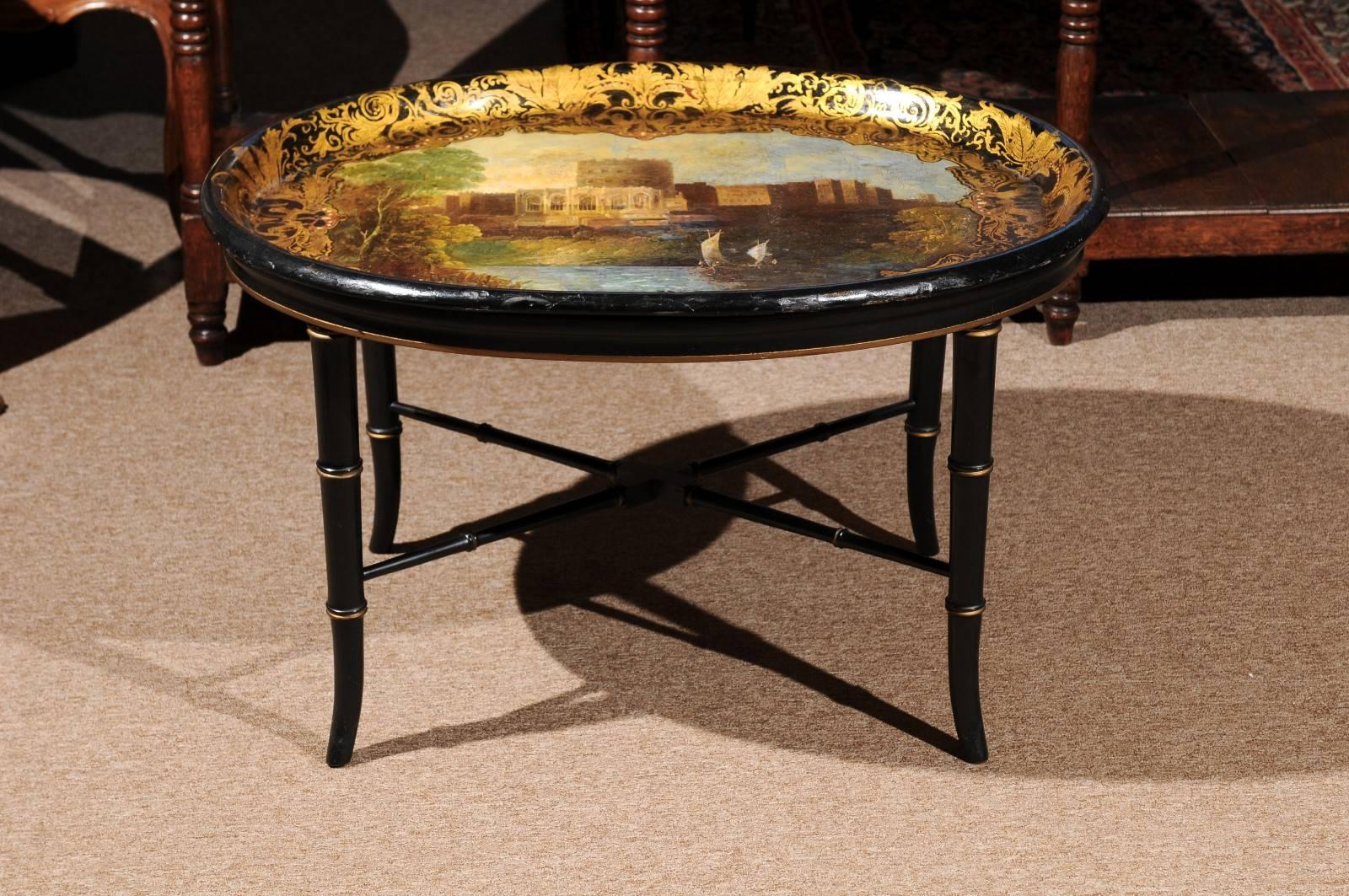 19th Century Papier Mâché Tray on Stand with Landscape Scene 3