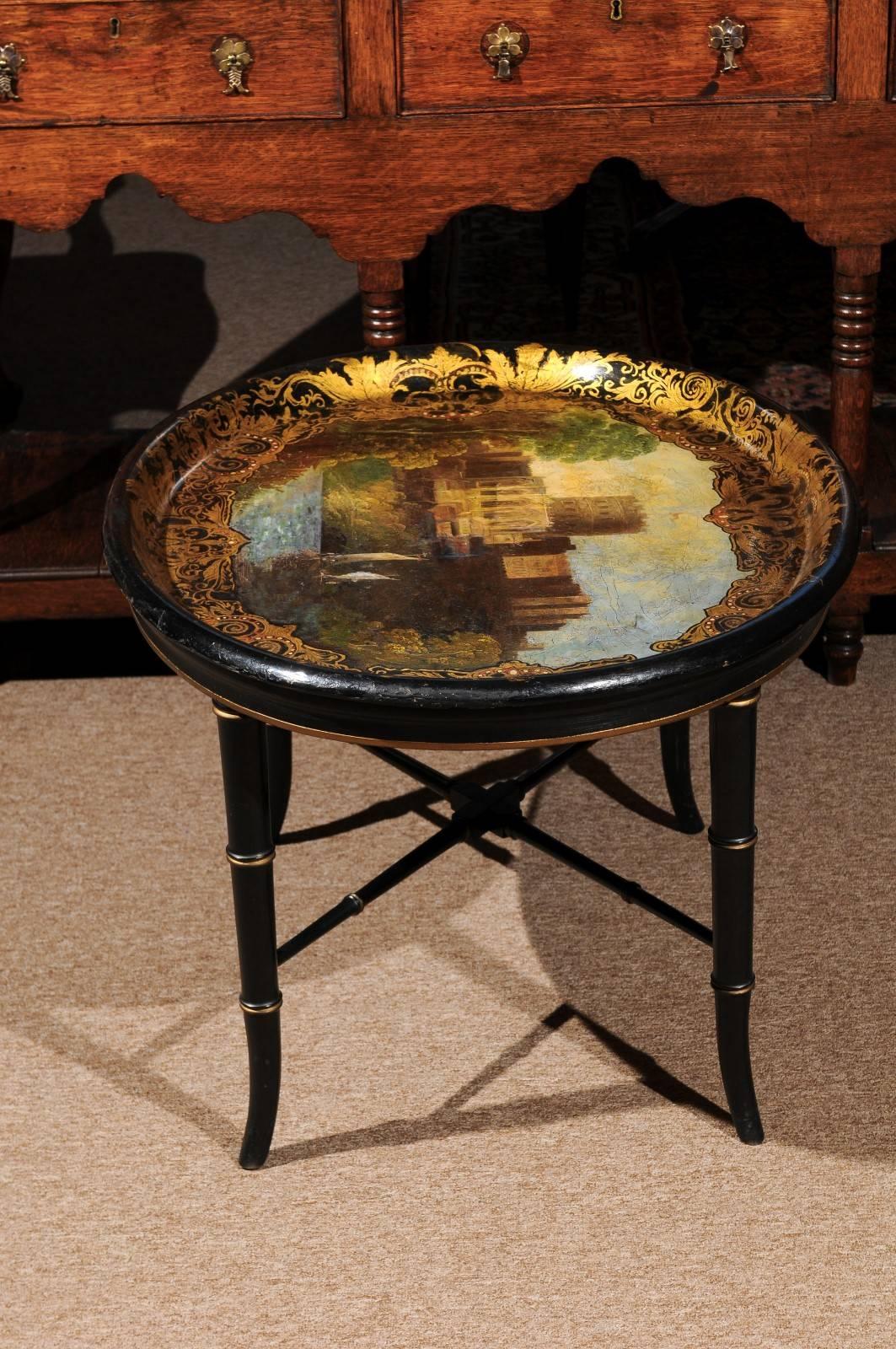 19th Century Papier Mâché Tray on Stand with Landscape Scene 4