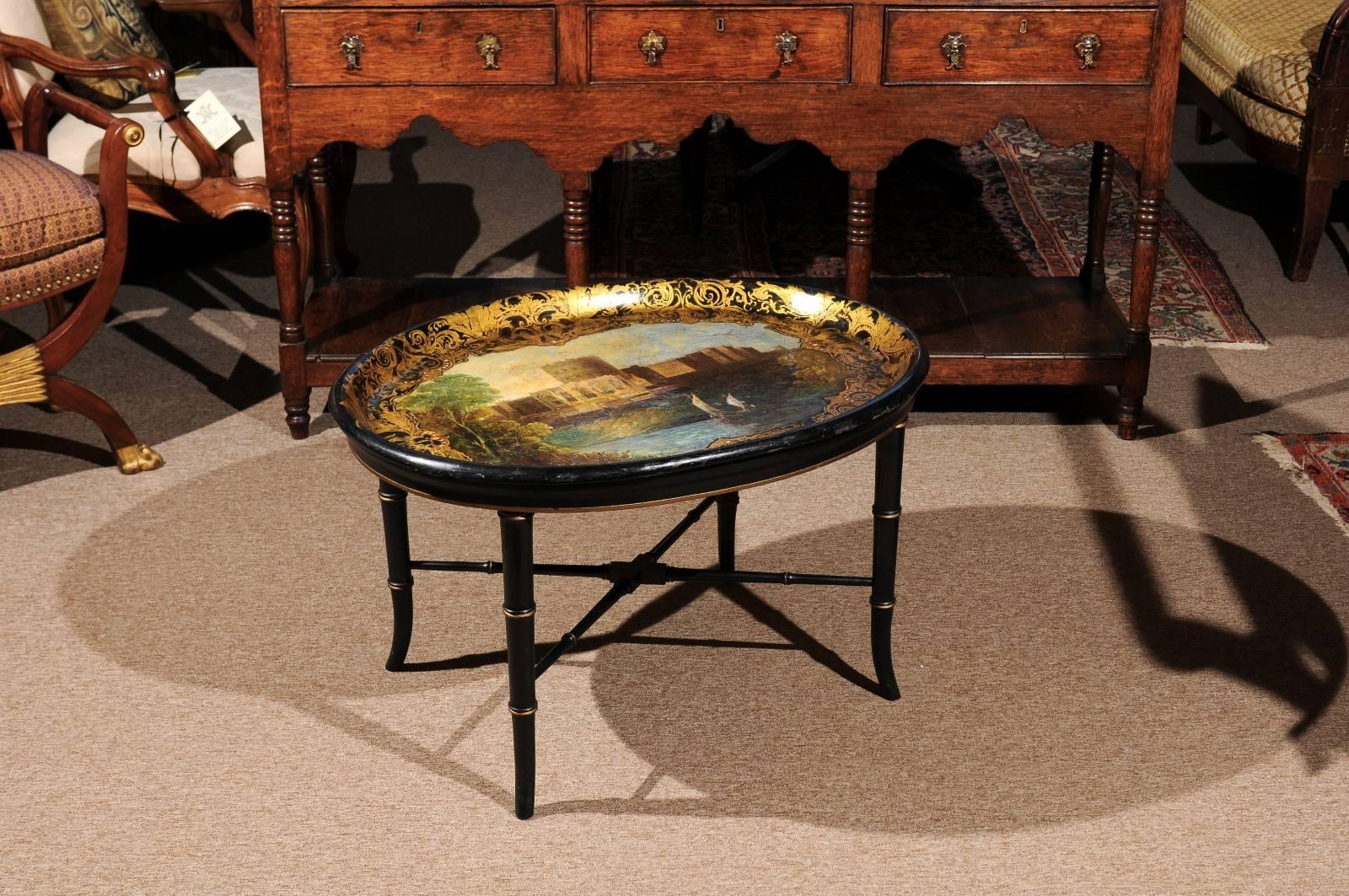 English 19th Century Papier Mâché Tray on Stand with Landscape Scene