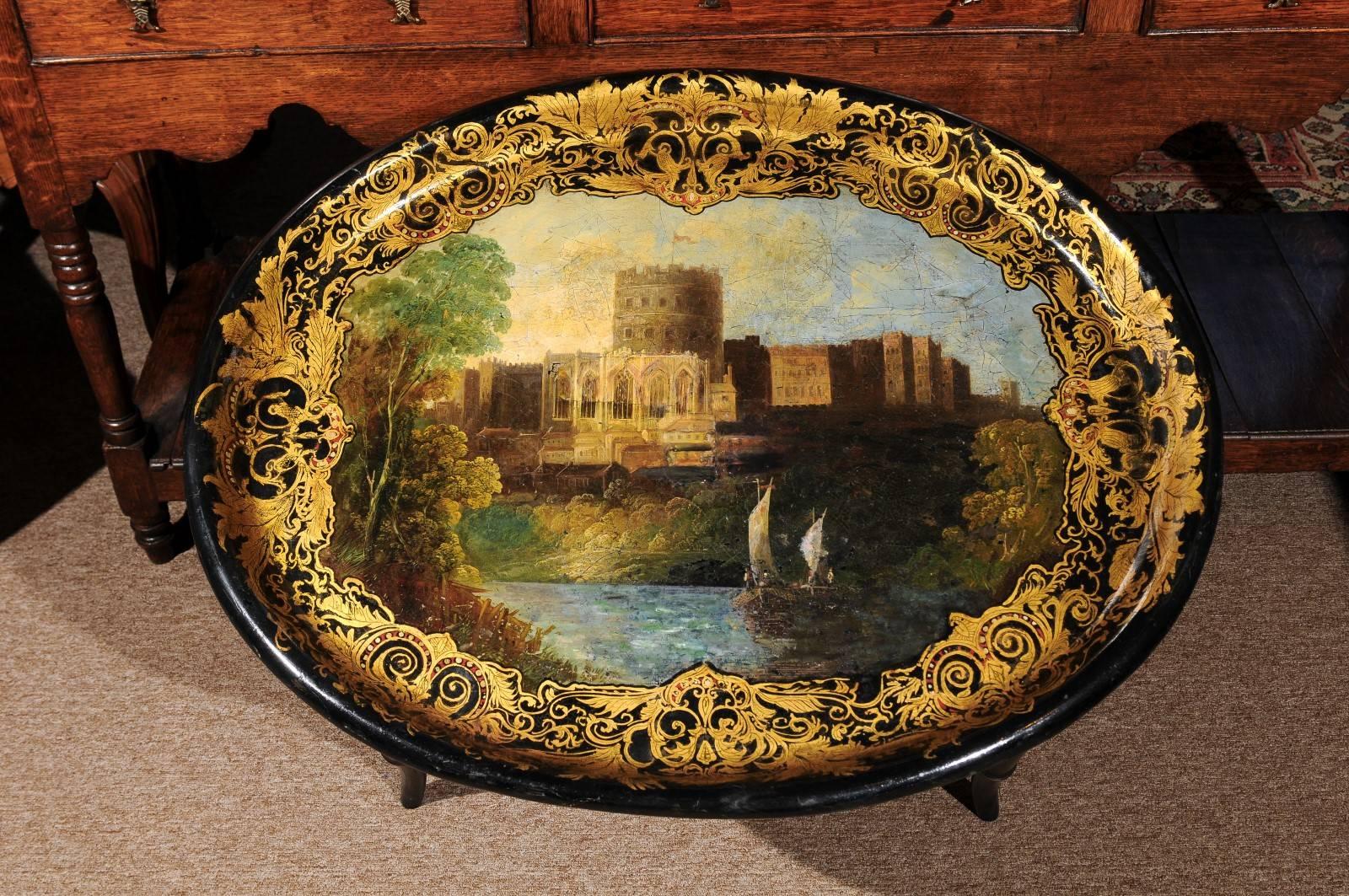 19th Century Papier Mâché Tray on Stand with Landscape Scene 6