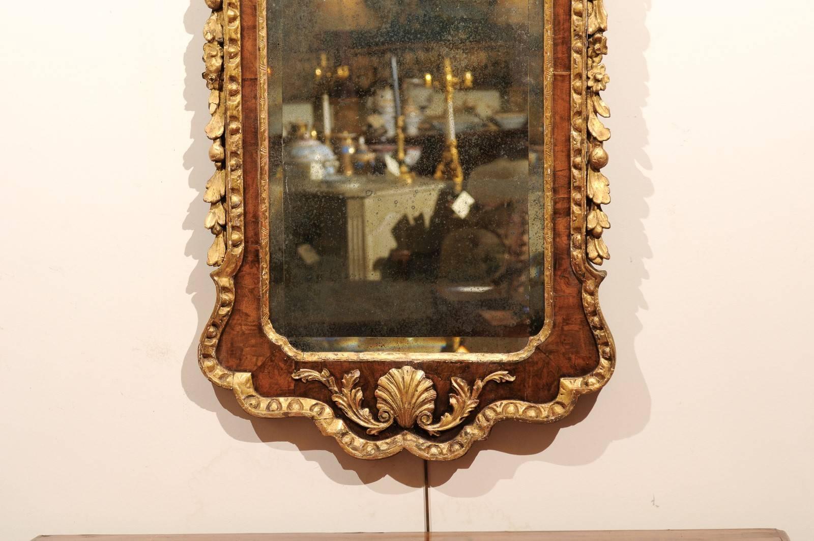 Veneer Mid-18th Century George II Burled Walnut and Parcel-Gilt Mirror with Eagle Cest