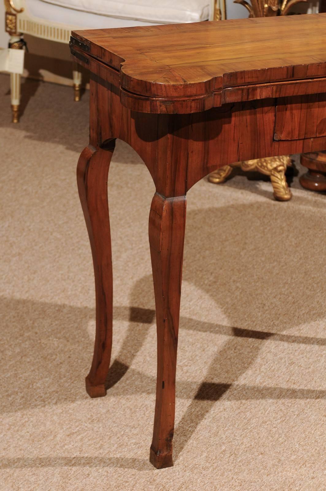 Cross-Banded 18th Century Olivewood Game Table with Drawer, Cabriole Legs and Hoof Feet