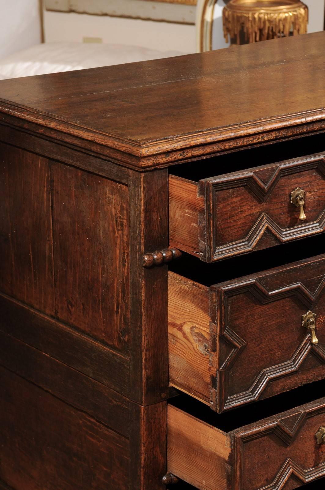 18th Century English Jacobean Style Oak Chest with Four Drawers and Bun Feet In Excellent Condition In Atlanta, GA