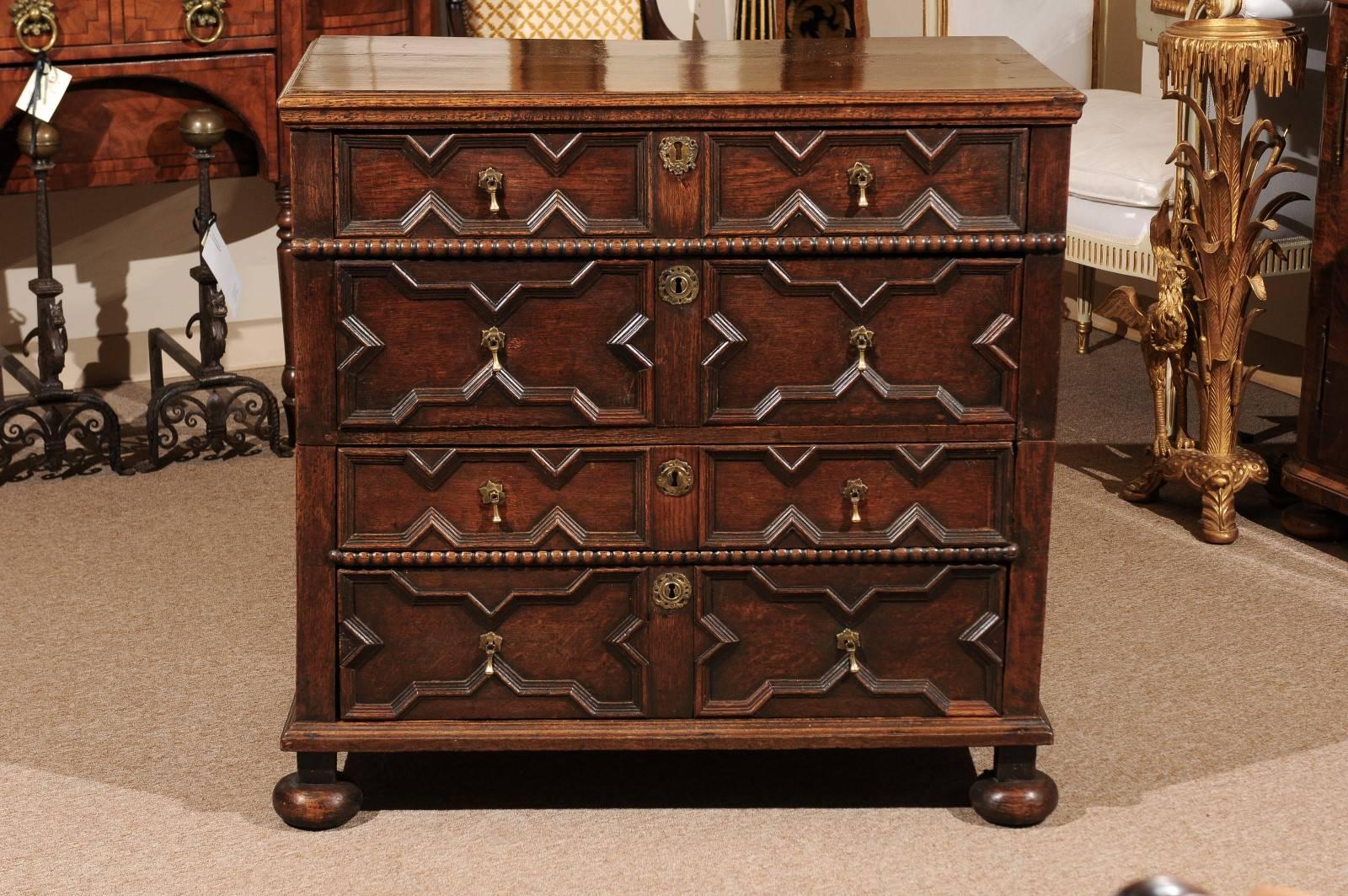 18th Century English Jacobean Style Oak Chest with Four Drawers and Bun Feet 3