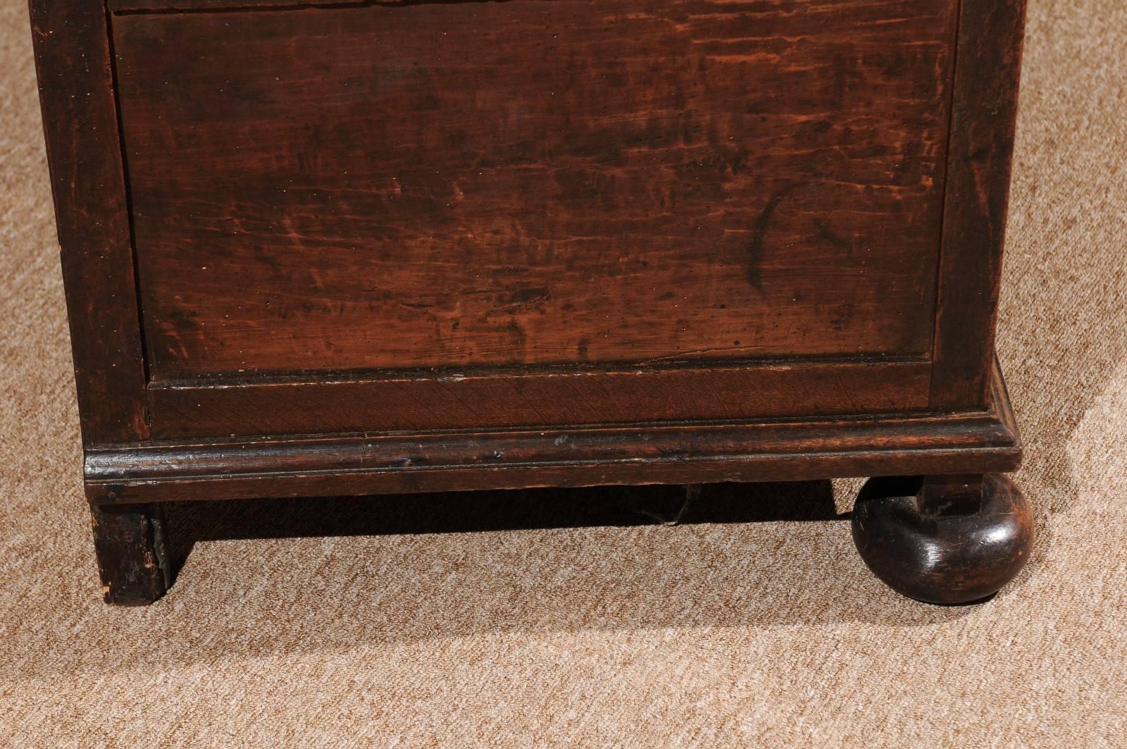 18th Century English Jacobean Style Oak Chest with Four Drawers and Bun Feet 1